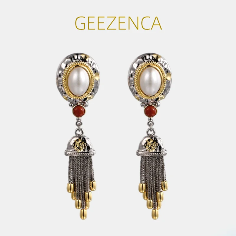 

GEEZENCA Mabe Pearl 925 Silver Two Tone Plated Long Tassels Earrings Luxury Vintage Court Style Women's Dangle Earring 2023 New