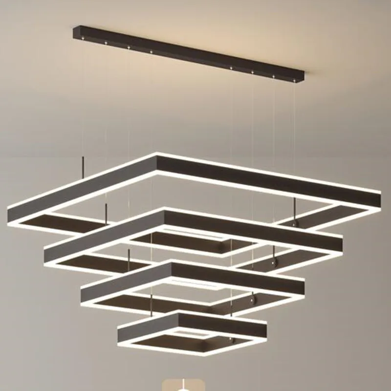 

Villa Duplex Building Large Chandelier Simple Modern Atmosphere Loft Square Minimalist Nordic Staircase Long Line Pendant Light