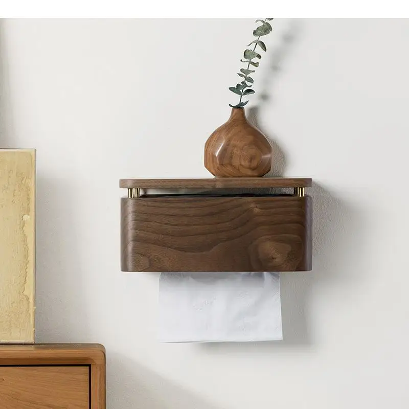 

Walnut Wood Tissue Holder Wall Mounted Toilet Paper Tissue Boxes Paper Towel Stand Simple Household Napkin Rack Bathroom Shelves