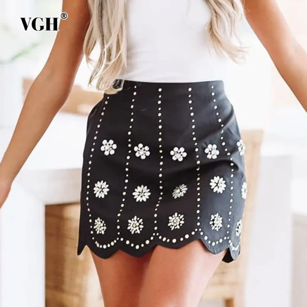 

VGH Solid Patchwork Diamonds Irregular Hem Skirt For Women High Waist Spliced Zipper A Line Short Skirts Female Fashion Clothes