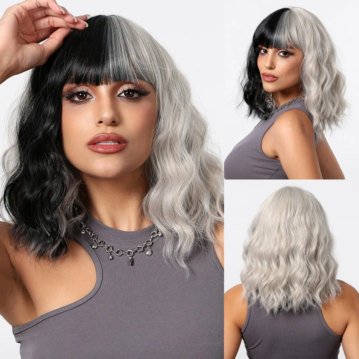 

Synthetic Black Ash Blonde Cosplay Curly Wig with Bangs Short Wavy Wigs Halloween Party Hair for Women Heat Resistant Fibre