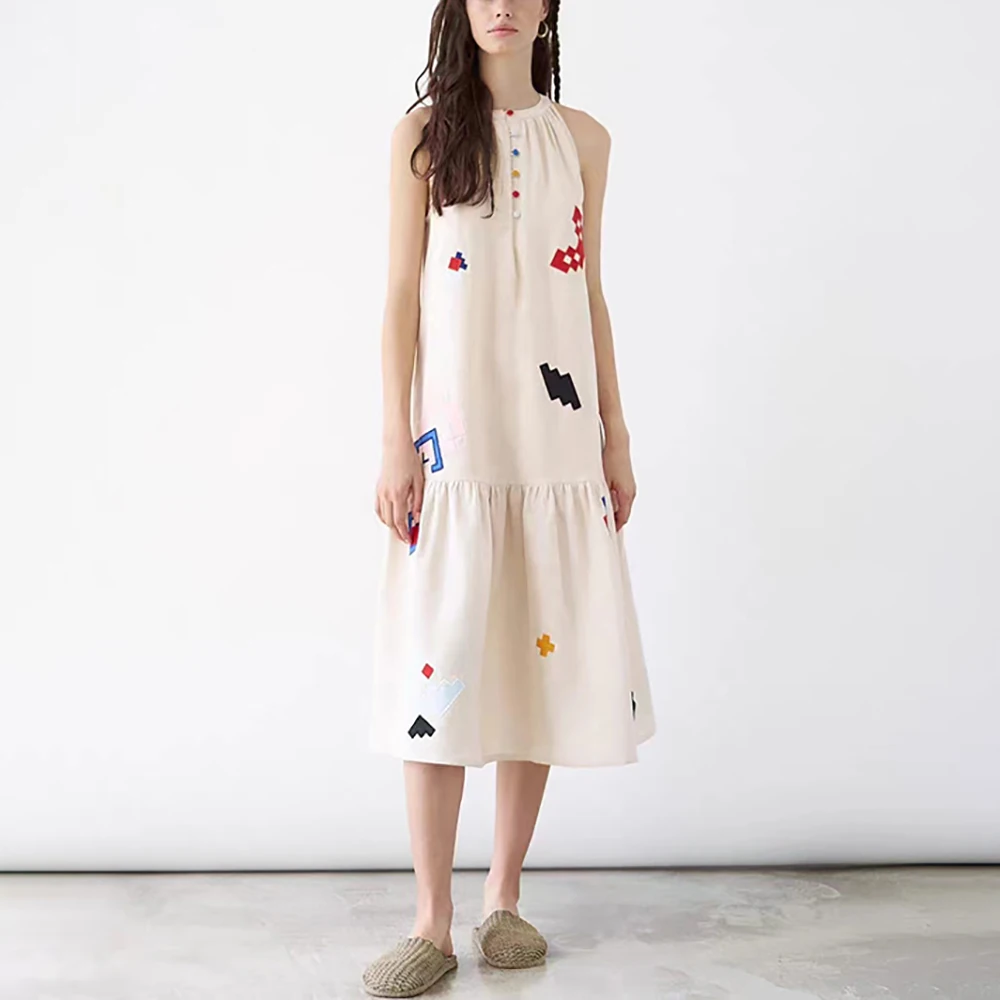 

Women's Fashion Splicing Embroidery Dress, Y2k, Handmade Button, Commuter, Round Neck, Sleeveless, Long, Summer, New, 2024