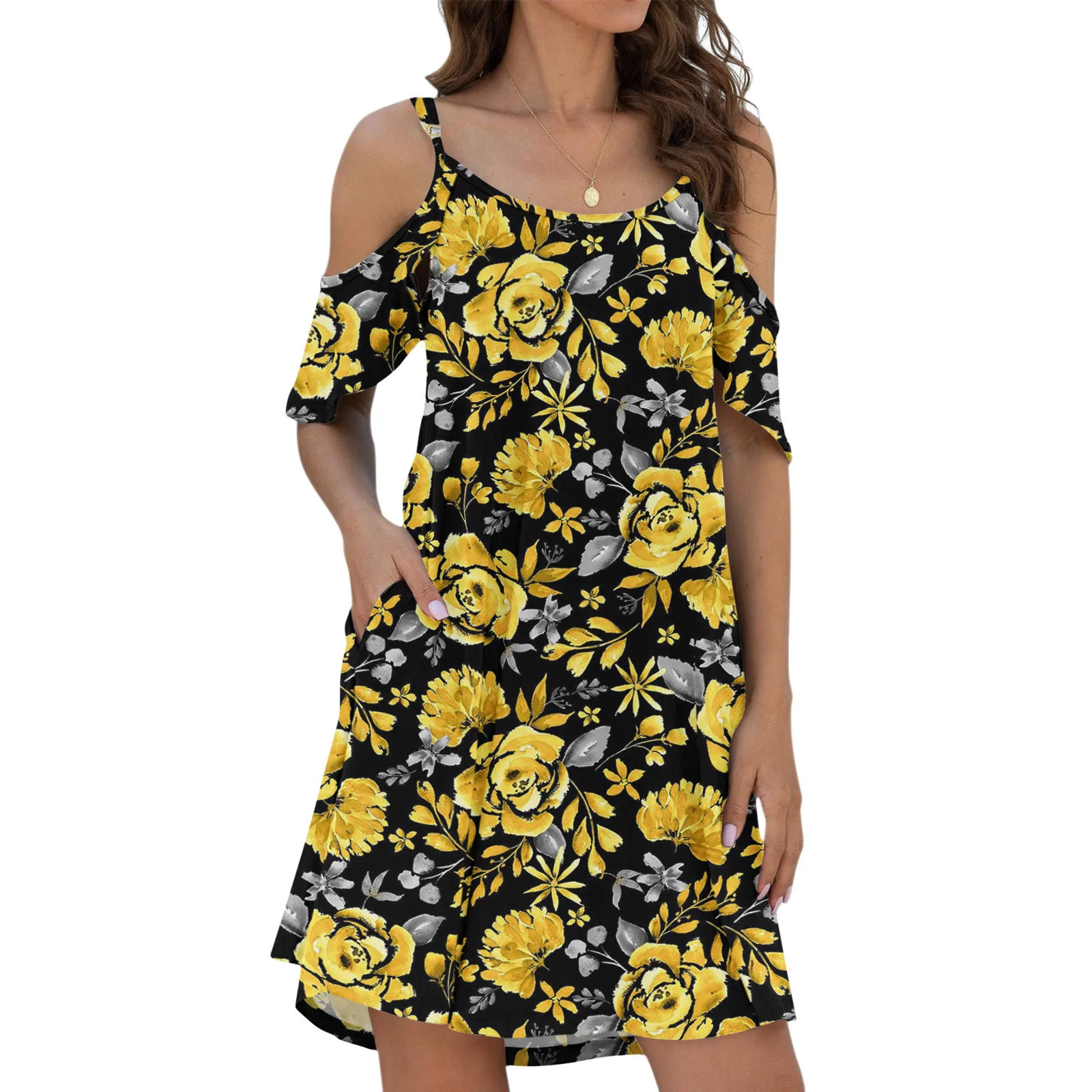 

Ladies Summer Sexy Printed Casual Dress Off the Shoulder Suspenders Ruffle Edge Cuff Pocket Dress Elegant Loose Dresses