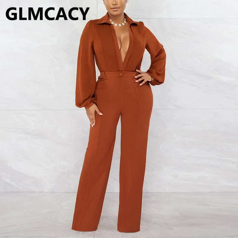 Women Long Sleeve Turn Down Collar Plunge V-neck Wide Leg Jumpsuits 
Women Long Sleeve Turn Down Collar Plunge V-neck Wide Leg Jumpsuits