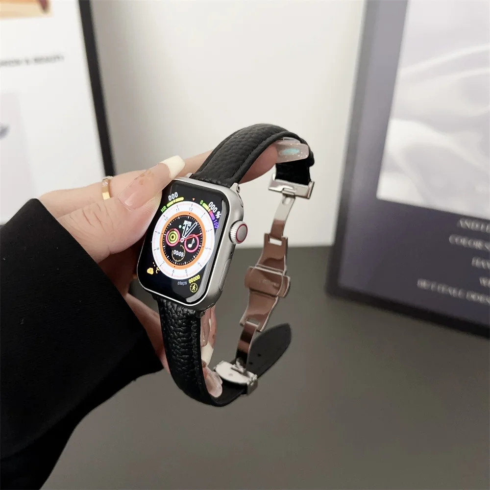 

Slim leather strap for Apple Watch ultra band 49mm series 7 8 41/45mm correa 38/42mm Wrist bracelet iWatch SE 6 5 4 3 40mm/44mm