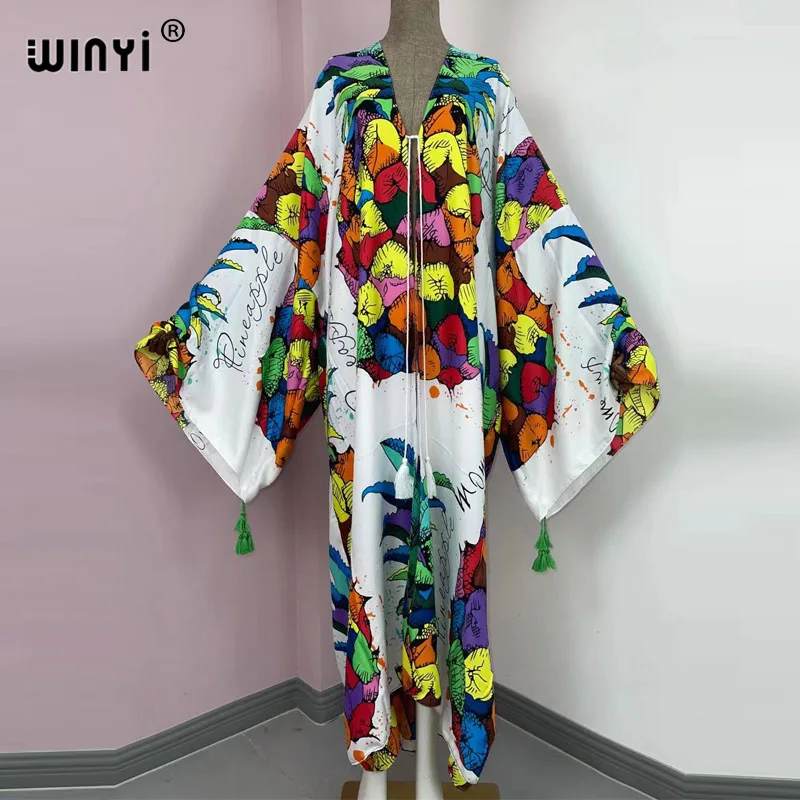 

2021 WINYI new Cotton Bikini Sweet Lady Pink Boho Print Self Belted Front Open Long Kimono Dress Beach Tunic Women Wrap Dresses