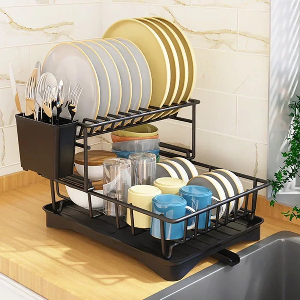 

Metal Dish 360° Saver Swivel Counter Drainboard, 2-tier Holder, Utensil Rack Drying Drainer Kitchen 1 Spout With Space