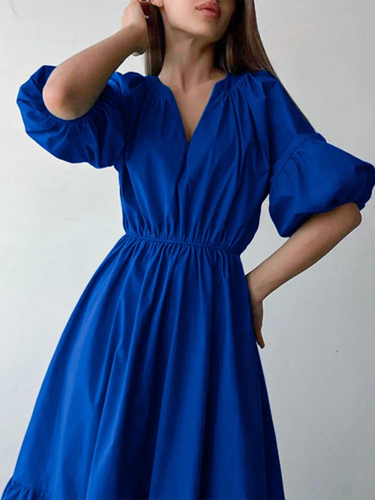 Fashion Casual V Neck Solid Long Dresses Summer Vintage High Waist Women A-Line Dress Simple Elegant Lantern Sleeve Party Dress
Fashion Casual V Neck Solid Long Dresses Summer Vintage High Waist Women A-Line Dress Simple Elegant Lantern Sleeve Party Dress