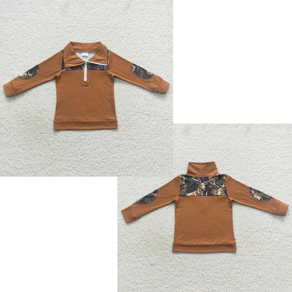 

Wholesale western boutique hot sale baby boys clothes Army green zip-up long-sleeved top for baby boys clothes t-shirt kids