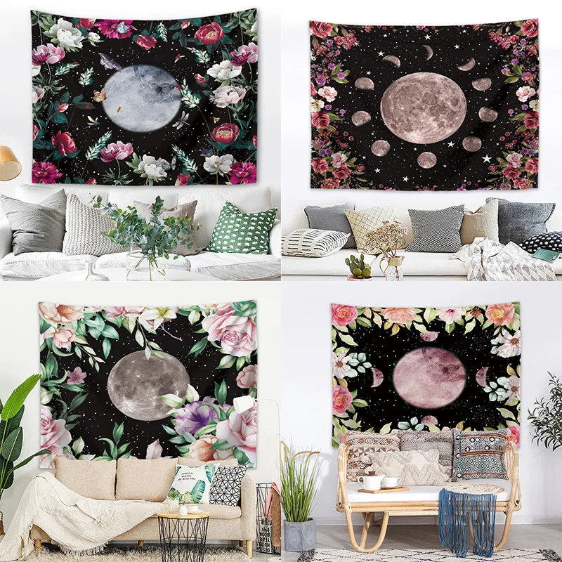 

Boho Psychedelic Moon Starry Tapestry Flower Wall Hanging Room Sky Carpet Dorm Tapestries Art Home Decoration