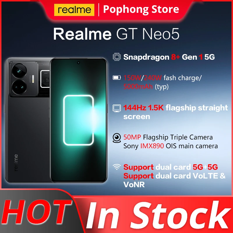 

Original Realme GT Neo 5 5G Mobile Phone 6.74 Inch 144Hz Display Snapdragon 8+ Plus Ocat Core 240W/150W FastCharge