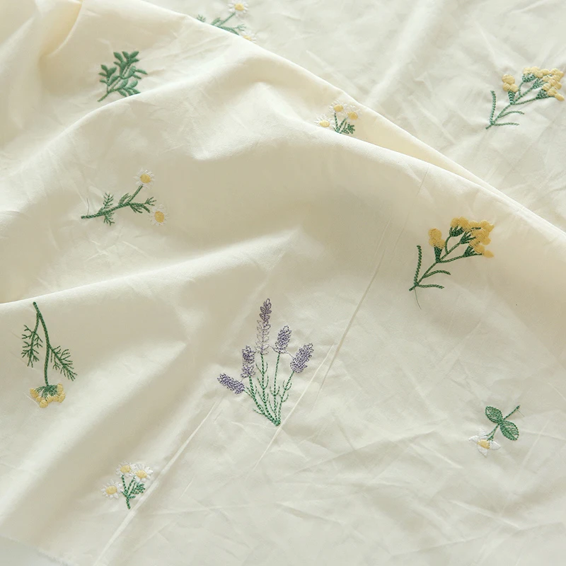Beige Pastoral Lavender Embroidery Pure Cotton Fabric DIY Handmade Clothes Dress By the meter 
Beige Pastoral Lavender Embroidery Pure Cotton Fabric DIY Handmade Clothes Dress By the meter