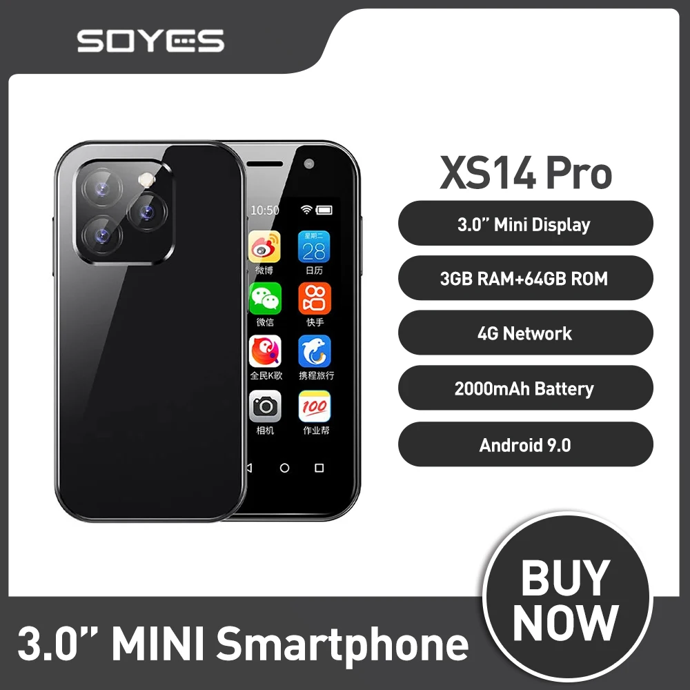 

SOYES XS14 Pro Mini Smartphones 4G LTE 3GB+64GB Android 9.0 Quad Core 3.0 Inch 2600mAh Battery Face ID Type-C Small Mobile Phone