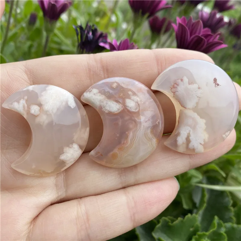 

1PC Natural Cherry Blossom Agate Stone Hand Carved Moon Quartz Crystals Healing Pendant Crafts Gift Jewelry For Decoration