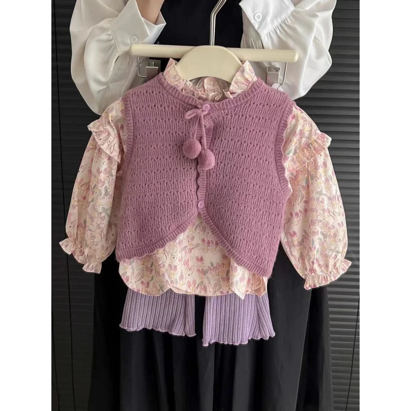 

Детская одежда в Корейском стиле 23 весенний и осенний костюм для девочек детский вязаный жилет в западном стиле рубашка с цветочным принтом скинни Casu