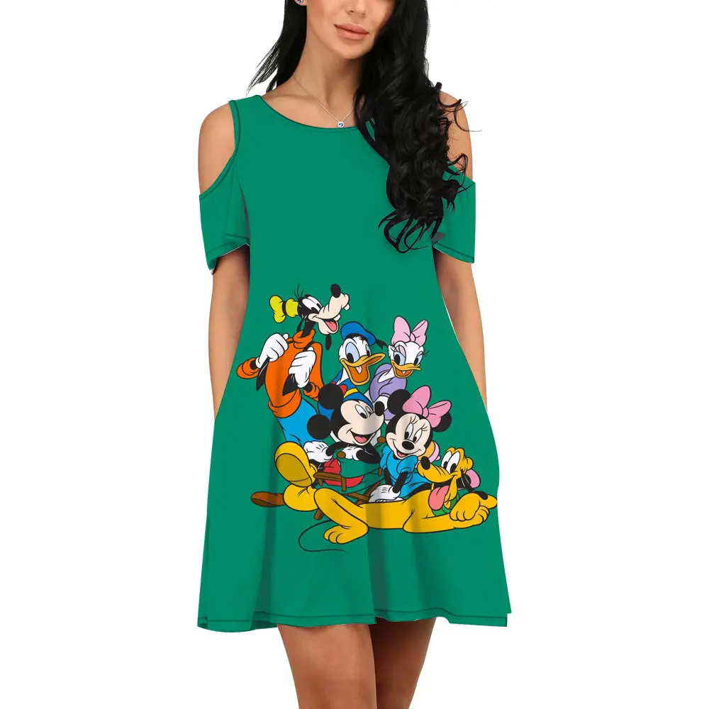 

Summer New Elegant Sexy Off-the-shoulder Korean Slim Dress Nightclub Party Disney Brand Print Mickey and Minnie Mouse Pattern