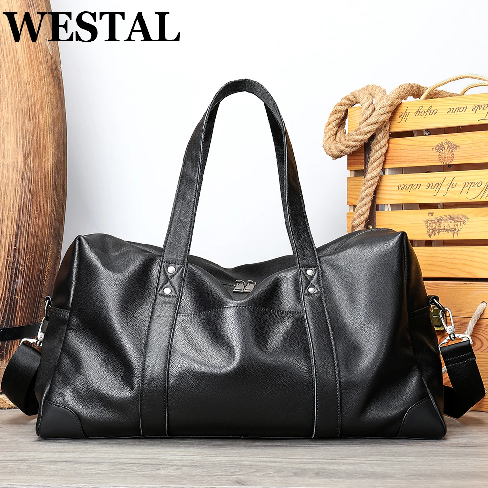 

WESTAL Genuine Leather Travel Bag Men's Weekend Sports Bags Handbags Messenger Shoulder Bags Tote Trip Duffle 15.6 Inch Laptop