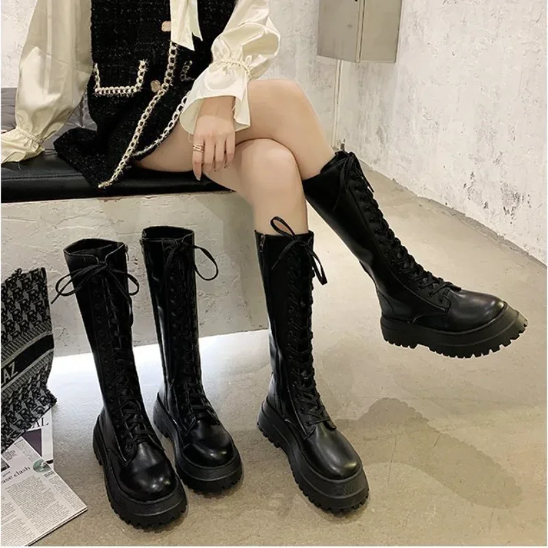

Spring and Autumn Women Martin Boots New Thick Sole Boots Black Women Boots Lace Up Fashion Knight Boots Women Thigh High Boots