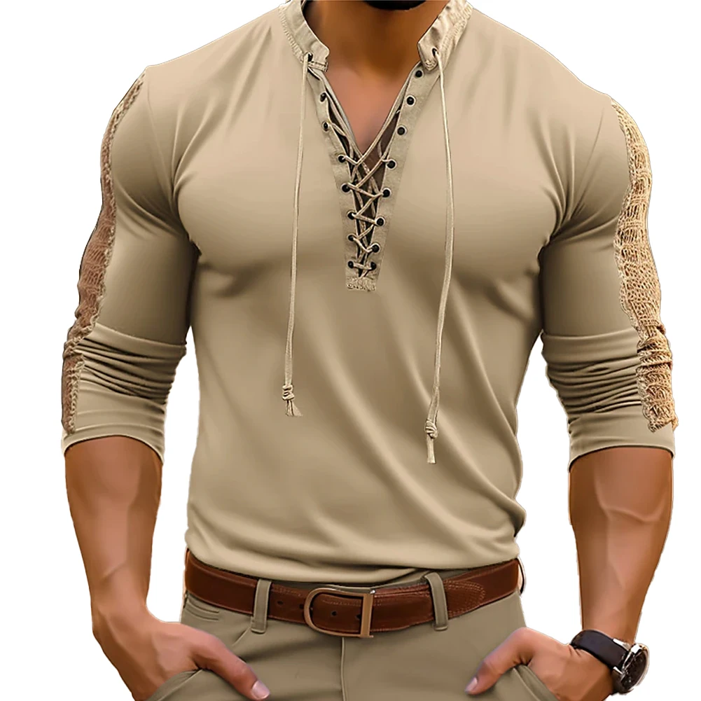 

Удобные мужские повседневные топы с V-образным вырезом, блузка, пуловер на шнуровке, серая футболка из полиэстера, одежда для активного отдыха с длинным рукавом