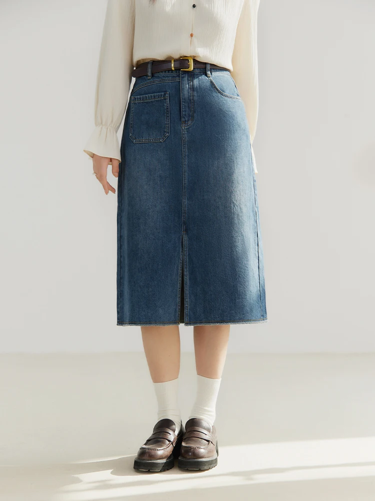 

DUSHU High Waist Women Denim Blue Knee-Length Skirts Hem Retro Raw Edge Design Slit Skirt Spring Female Denim Skirt 24DS81126