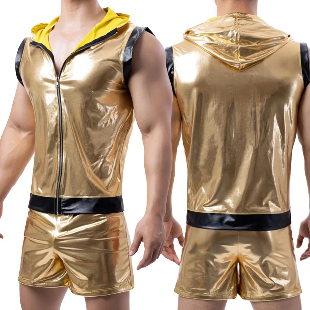 Mens Tank Tops Boxer Briefs Shorts Sleeveless Hooded Vest Gold Shiny Tight Leather Clubwear Set Suit Stage Costume
Mens Tank Tops Boxer Briefs Shorts Sleeveless Hooded Vest Gold Shiny Tight Leather Clubwear Set Suit Stage Costume
