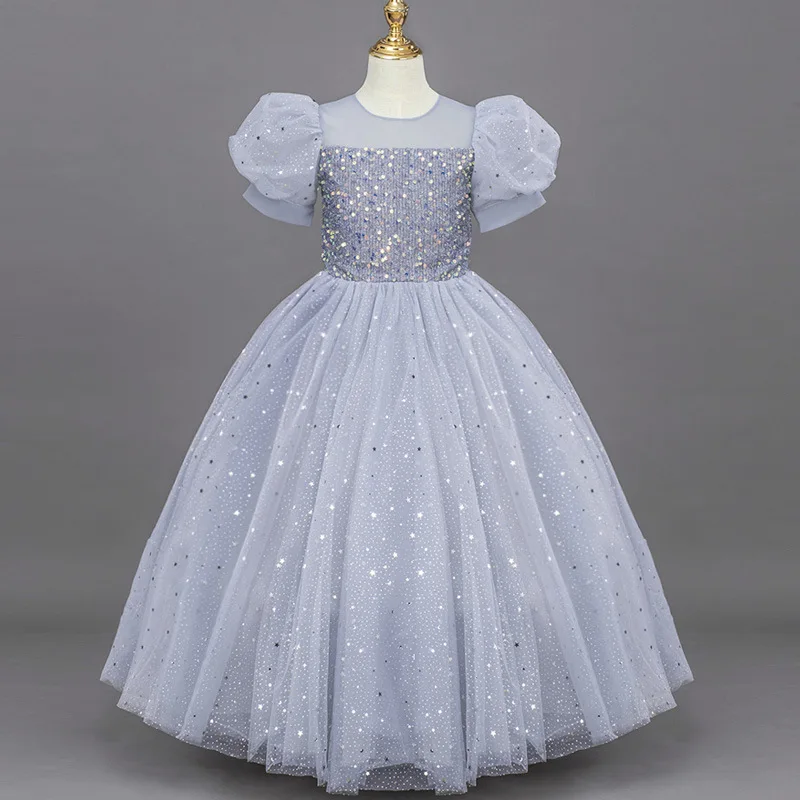 

2024 new girls dress fluffy gauze bubble-sleeved long skirt Page boy princess dress girls walk show piano evening dress