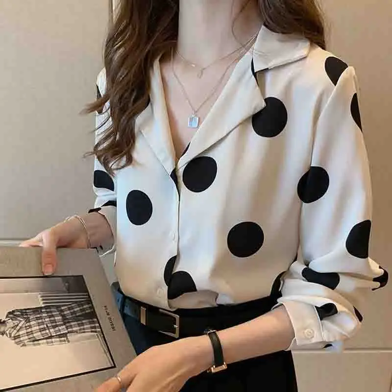 

Женская шифоновая рубашка в горошек, элегантная винтажная Повседневная офисная блузка с отложным воротником и длинным рукавом, однобортные топы на пуговицах для весны