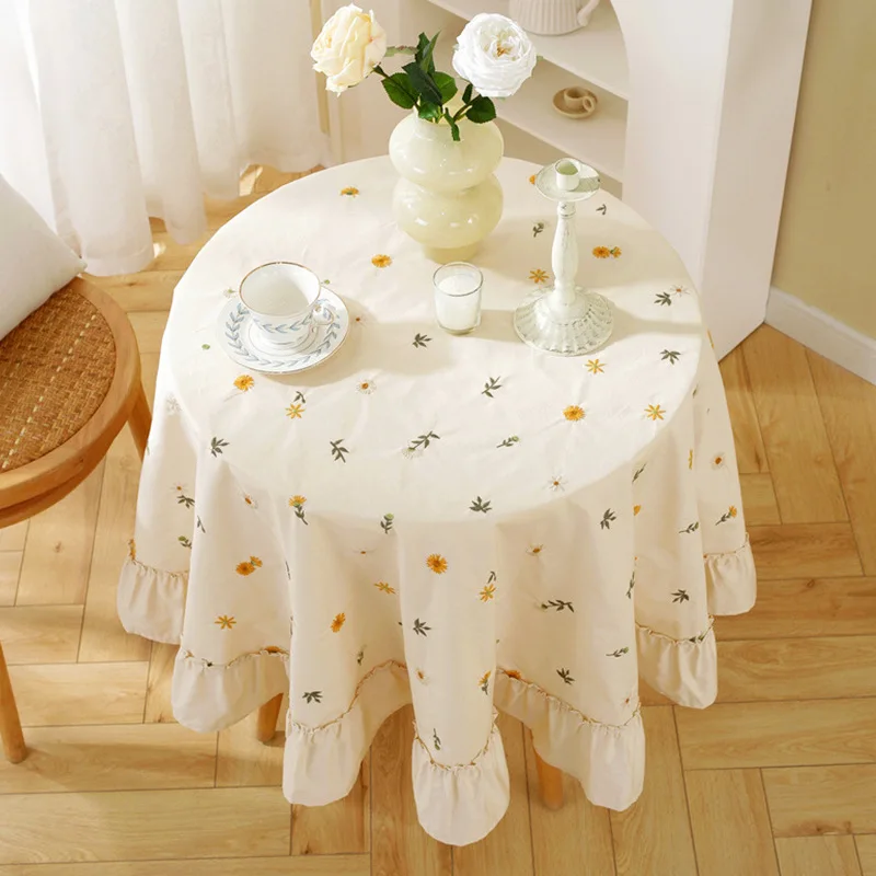 

Same Style Lavender Embroidered Tablecloth All Cotton Lotus Leaf Wood Ear Edge Circular Tea Table Cloth Instagram Style