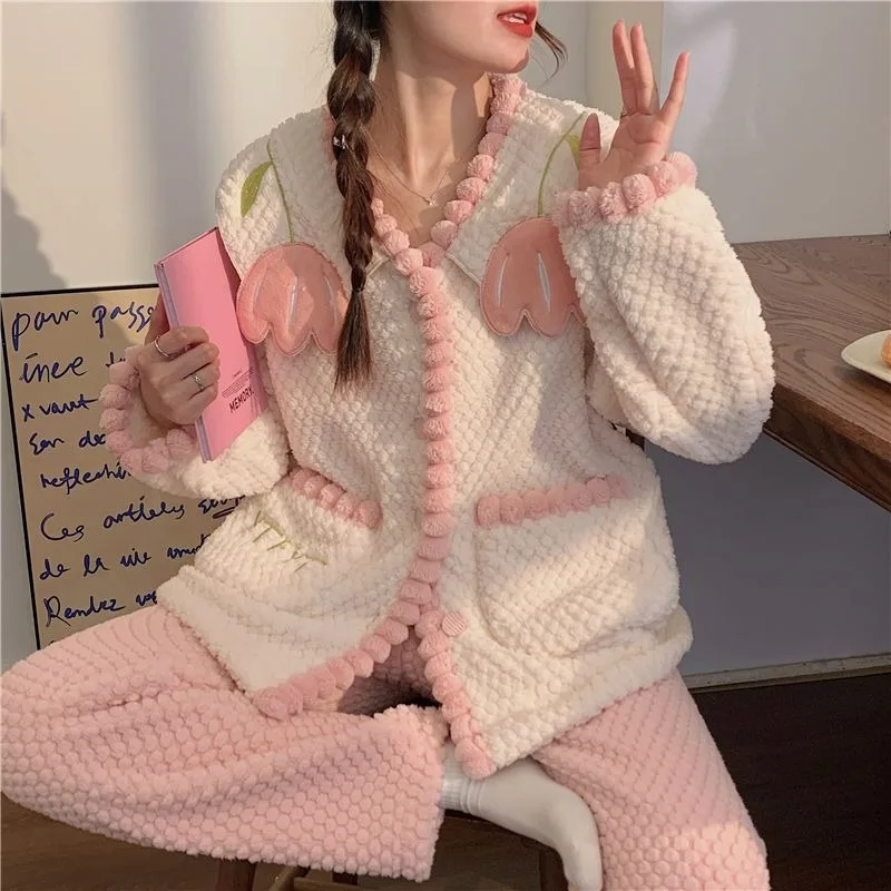 

Female Pajamas Autumn Winter Women Coral Fleece Fleece-lined Thickened Sweet Nightclothes Suit Large Size Warm Loungewear Sets
