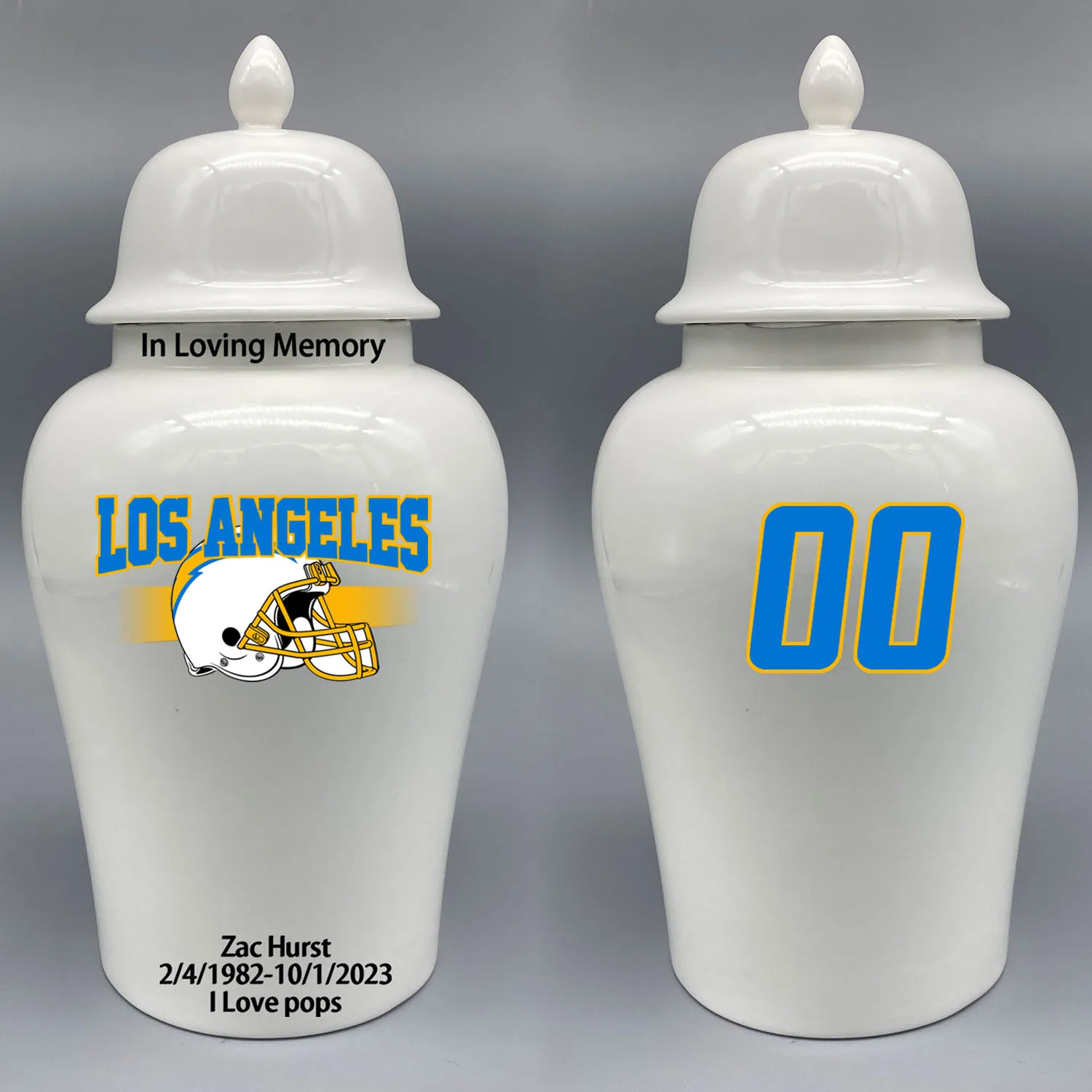 

Large Urn for Los Angeles Chargers-themed Logo Urn.Please send me the customize information-name/date and number on the urn