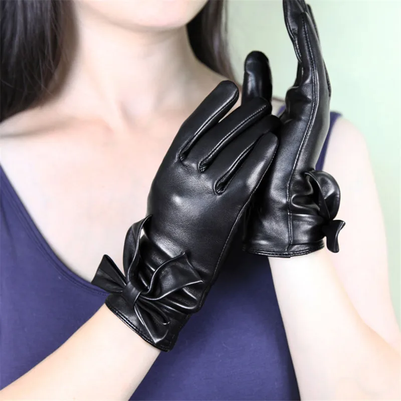 

Real Leather Women Gloves Fashion Wrist Big Butterfly Knots Thermal Plushed Lined Lambskin Driving Gloves Female XC-210