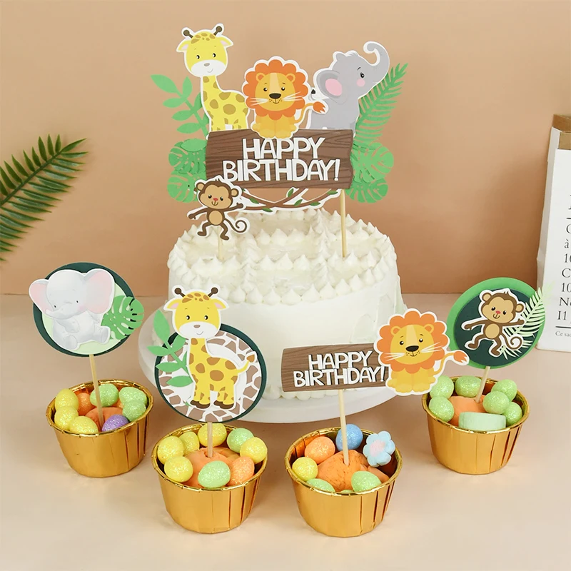 

Forest Animal Cake Topper Flag Lion Monkey Zebra Cupcake Toppers Jungle Safari Happy Birthday Party Supplies Baby Shower Favors