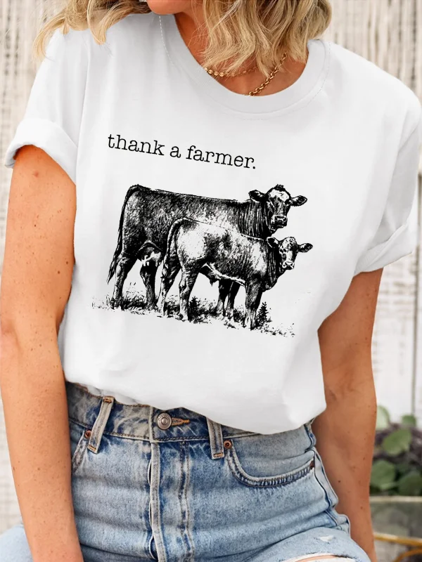 

Thank A Farmer Slogan Women T-shirt Cute Vintage Dairy Cow Print Female Shirt New Voguish Casual Holiday Feam Lover Girl Tee