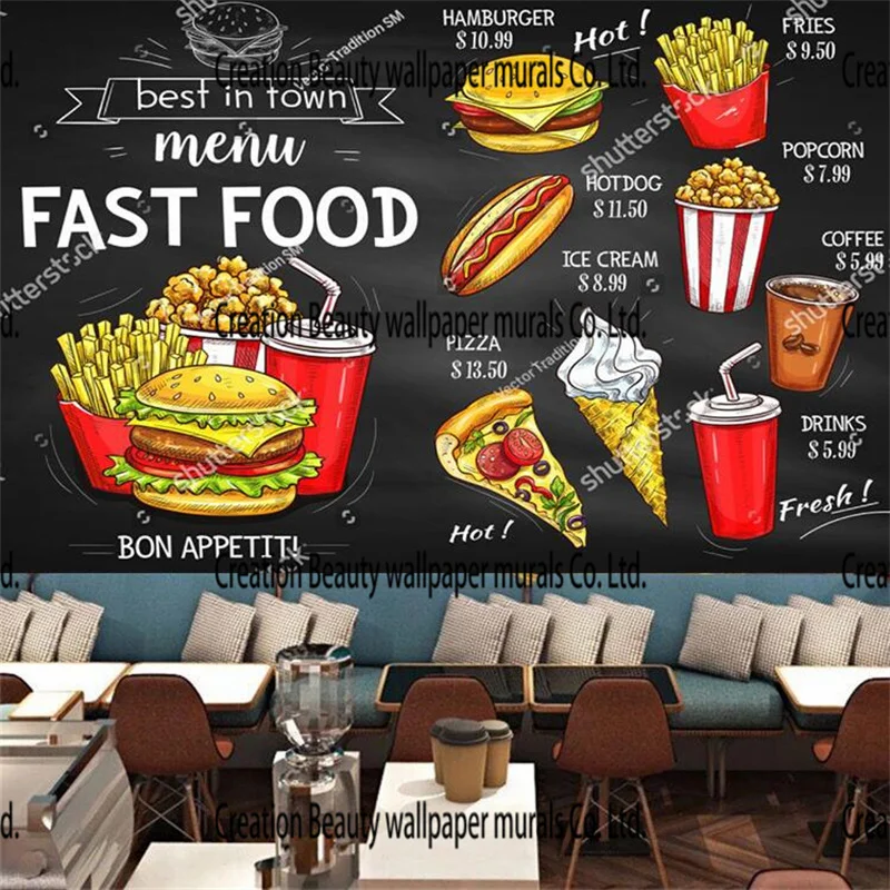 

American Fast Food Restaurant Chalkboard Custom Mural Wallpaper Burger Pizza Hot Dog Menu Snack Bar Industrial Decor Wall Paper