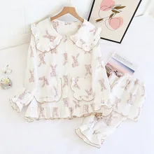Spring and autumn new ladies pajamas, long-sleeved trousers, two-piece 100% cotton crepe cute rabbit home service plus size suit
Spring and autumn new ladies pajamas, long-sleeved trousers, two-piece 100% cotton crepe cute rabbit home service plus size suit