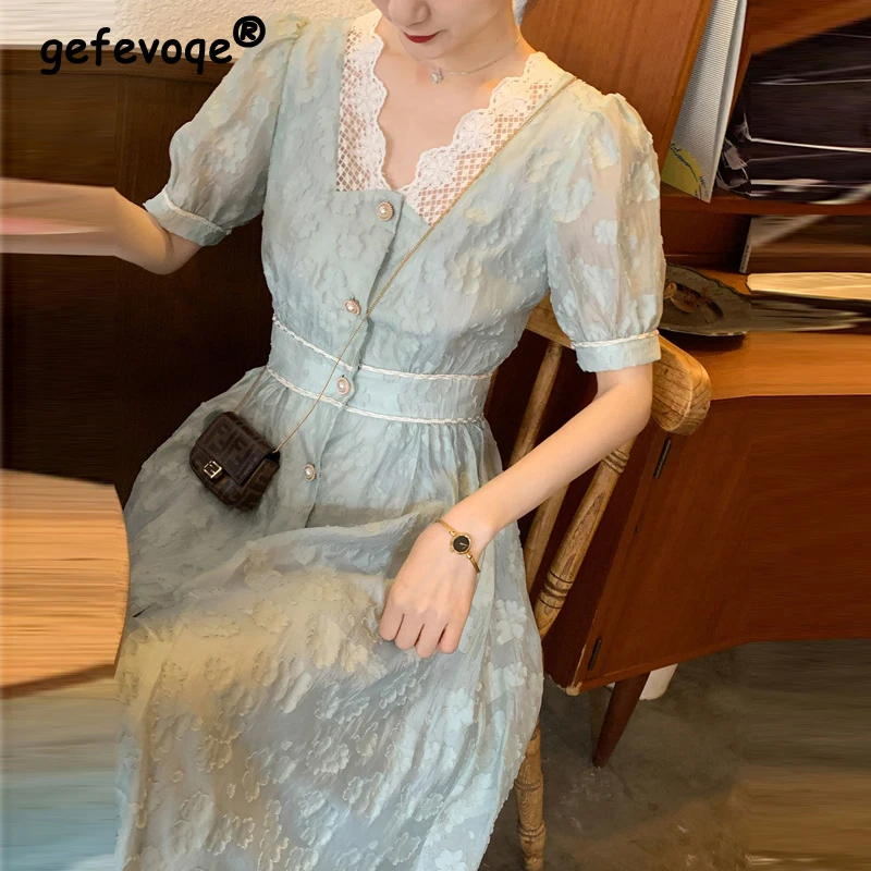 

Vintage Elegant Chic Sweet Jacquard V-neck Lace Patchwork Fairy Party Dresses for Women 2023 Summer Slim Short Sleeve Midi Dress