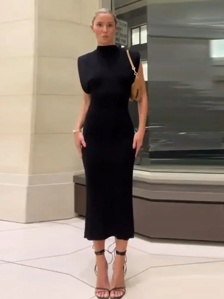 

Elegant Black Women Flying Sleeve Bodycon Midi Dress Fashion Stand Collar Split Solid Dresses 2024 Office Lady Commuting Robes