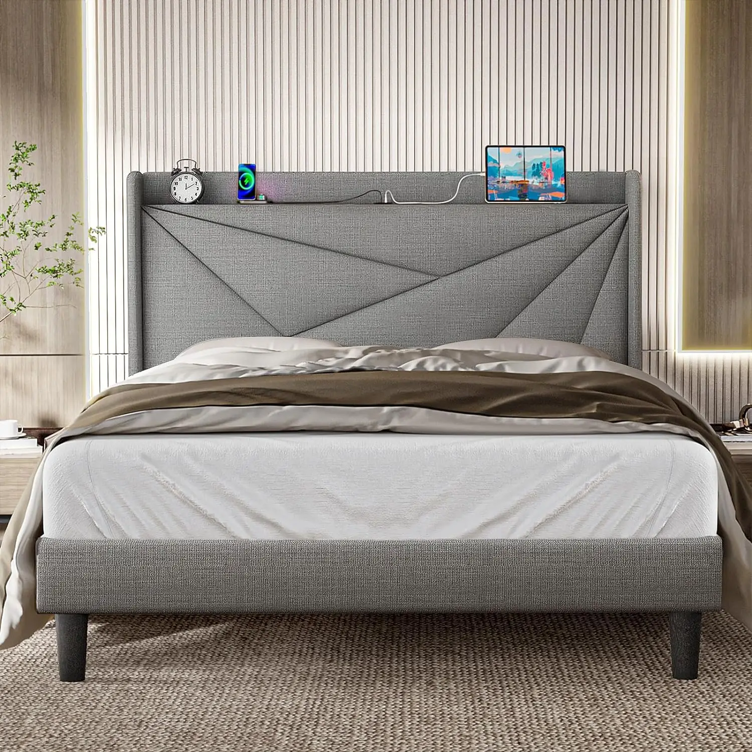 

Кровати большого размера с изголовьем кровати, рама для кровати с мягкой платформой с зарядной станцией, основание для матраса с деревянными планками