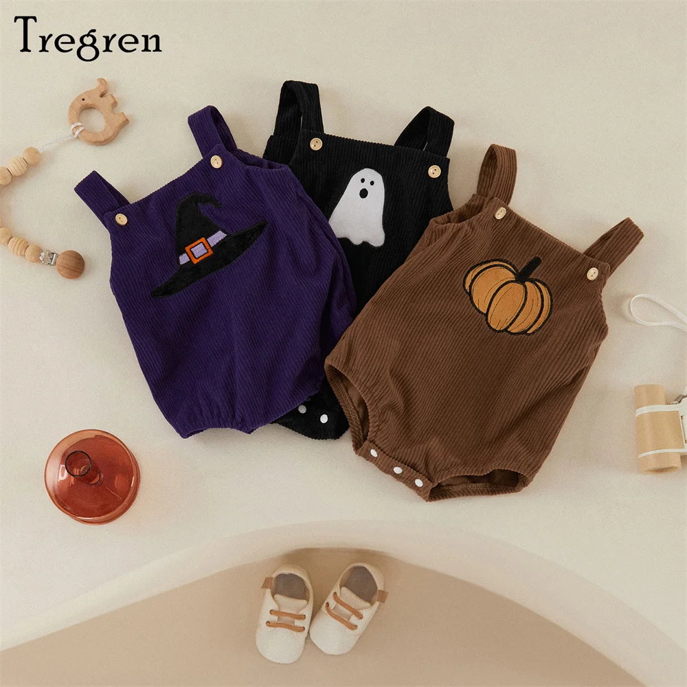 

Tregren 0-18M Infant Baby Girls Boys Corduroy Rompers Halloween Clothes Pumpkin/Witch Hat/Ghost Pattern Jumpsuits Fall Bodysuits