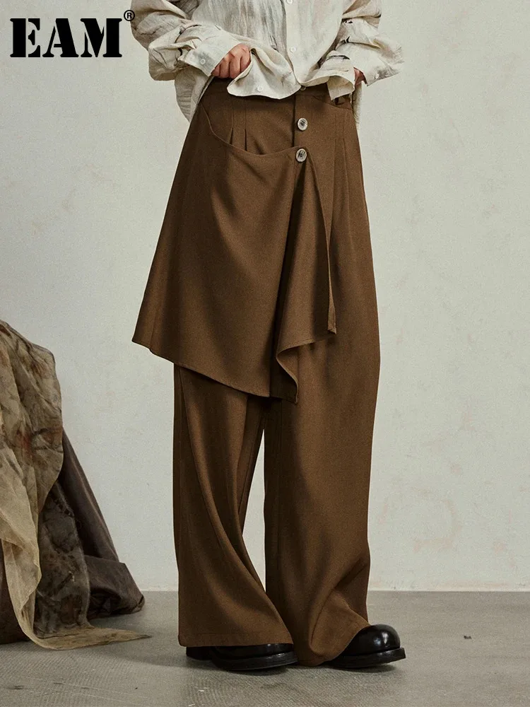 

[EAM] High Waist Coffee Irregular Two Ways Wear Long Wide Leg Pants New Trousers Women Fashion Tide Spring Autumn 2024 1DH4981