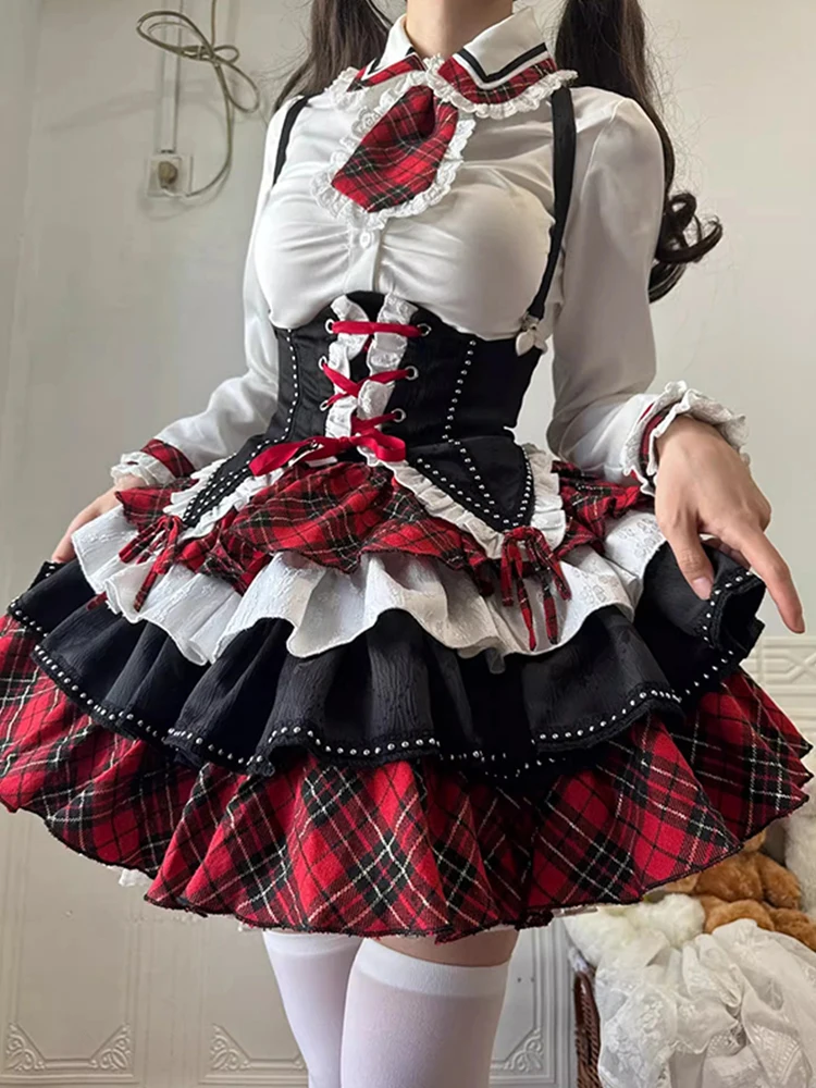 

JK Uniform Lolita Black and Red Suspender Waist-Tied Shirt Pettiskirt Suit Pure Desire Style Princess Dress College Clothes