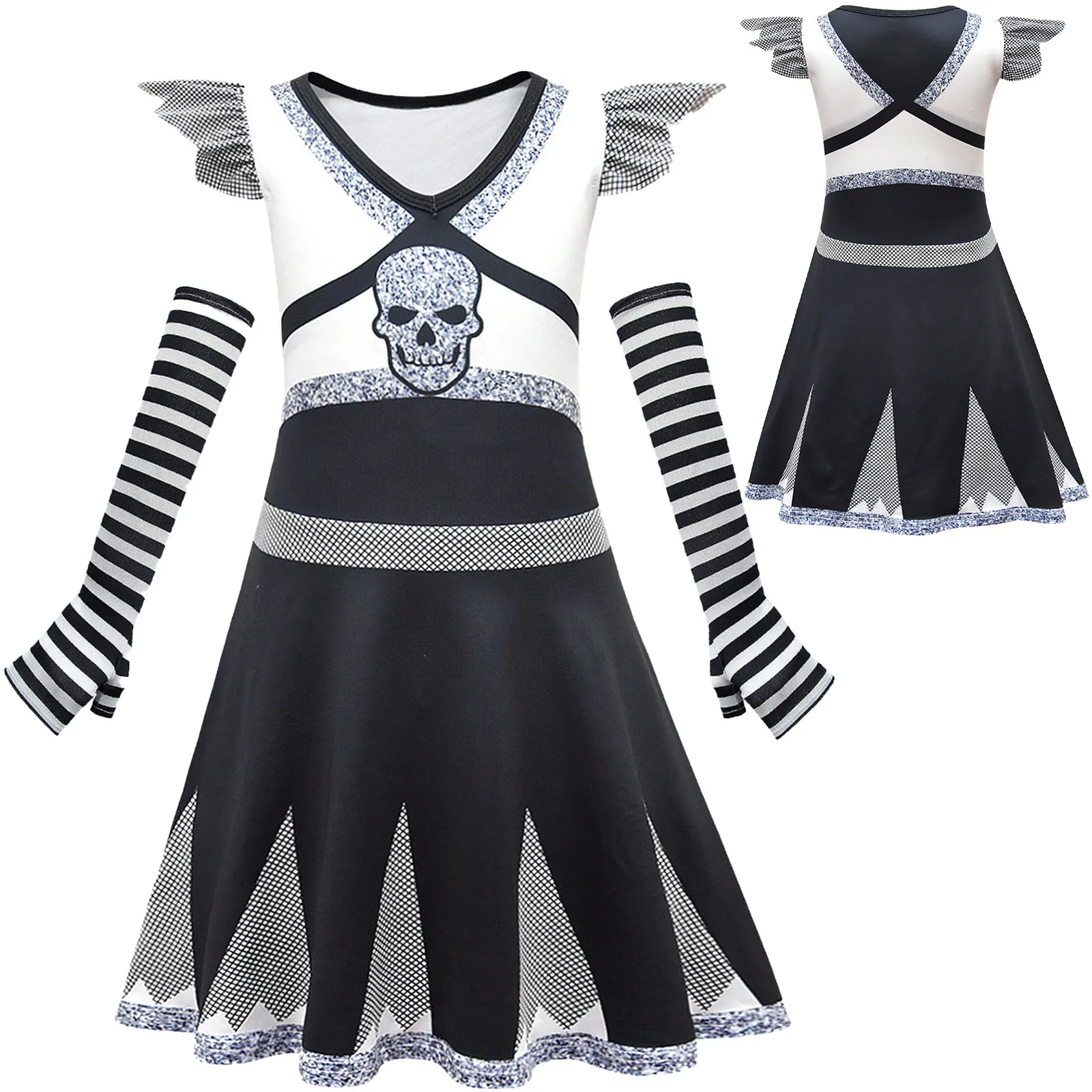Kids Girls Ra Ra Rebel Cheer Leader Dress Halloween Zombie Cheerleading Costumes Skeleton Print Dress Striped Half-finger Gloves 
Kids Girls Ra Ra Rebel Cheer Leader Dress Halloween Zombie Cheerleading Costumes Skeleton Print Dress Striped Half-finger Gloves
