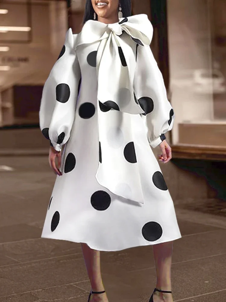 Women White Dress Polka Dot Print Big Bow Lantern Sleeve Spring Elegant Fashion Birthday Party Evening Plus Size Gown Robes 4XL
Women White Dress Polka Dot Print Big Bow Lantern Sleeve Spring Elegant Fashion Birthday Party Evening Plus Size Gown Robes 4XL