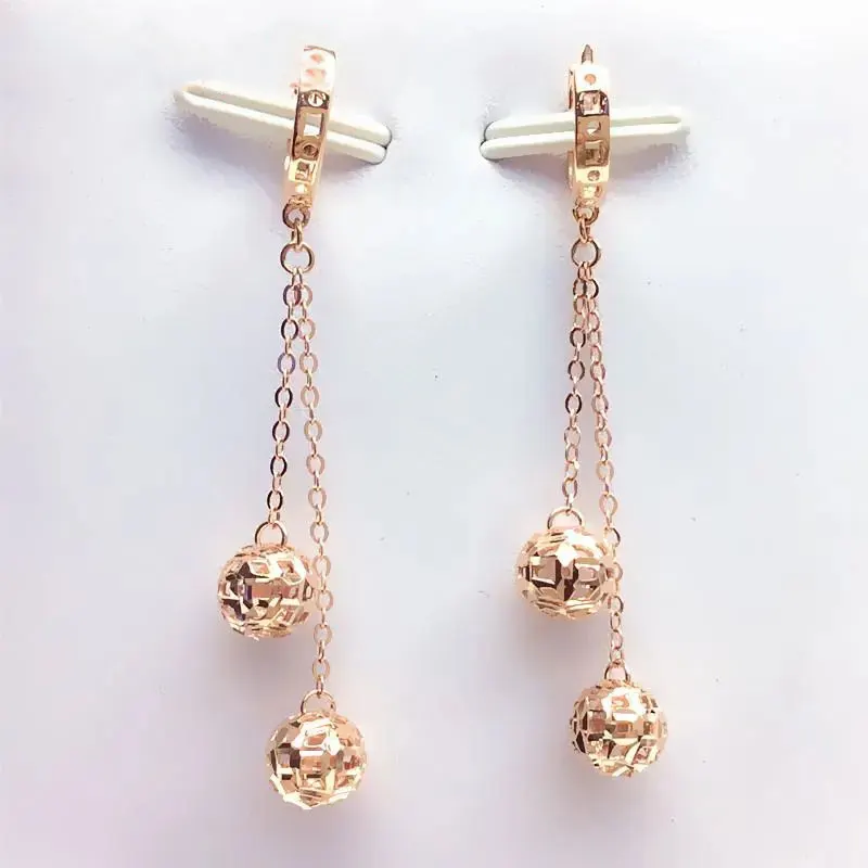 

585 Purple Gold Plated 14K Rose Gold Double Round Bead Drop Earrings for Women Classic Collection Glamour Engagement Jewelry