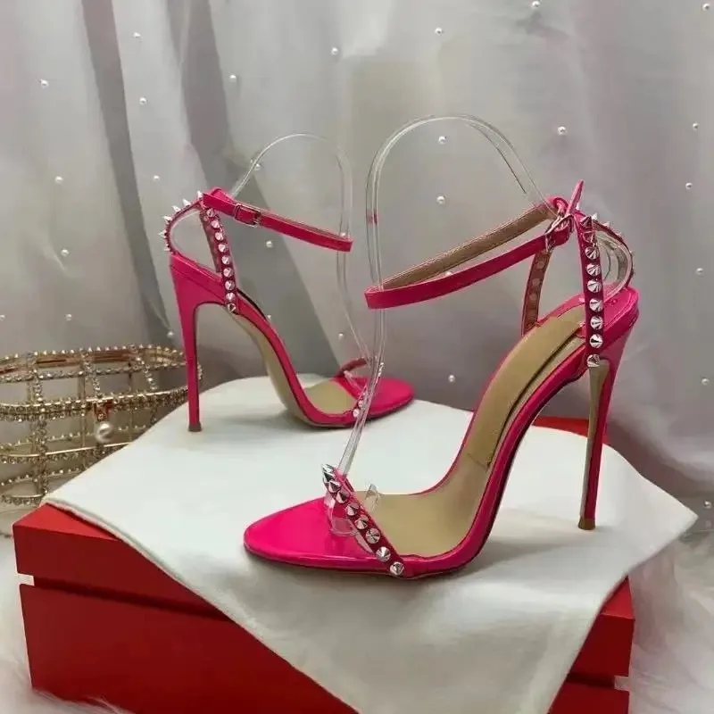 

High Quality Red Bottom Sexy and Charming One-line Buckle Rivet Thin Heel Sandals Female Open Toe Stiletto Shoes 12cm 10cm 8cm