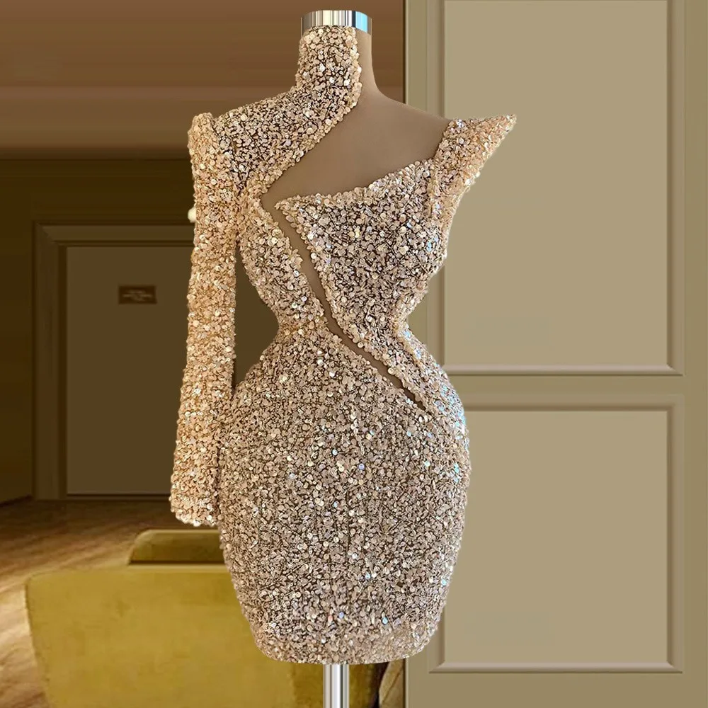 

Champagne Cocktail Dresses Sheath One-shoulder Short Mini Sequins Pearls Homecoming Dresses Haute Couture