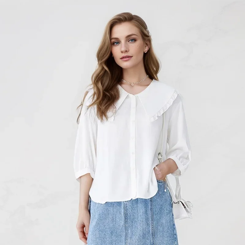 

Semir Women Shirt 2024 New Middle-sleeve Shirt Easy-care White Gentle Stringy Selvedge Large Lapel Collar Clothes Shirt