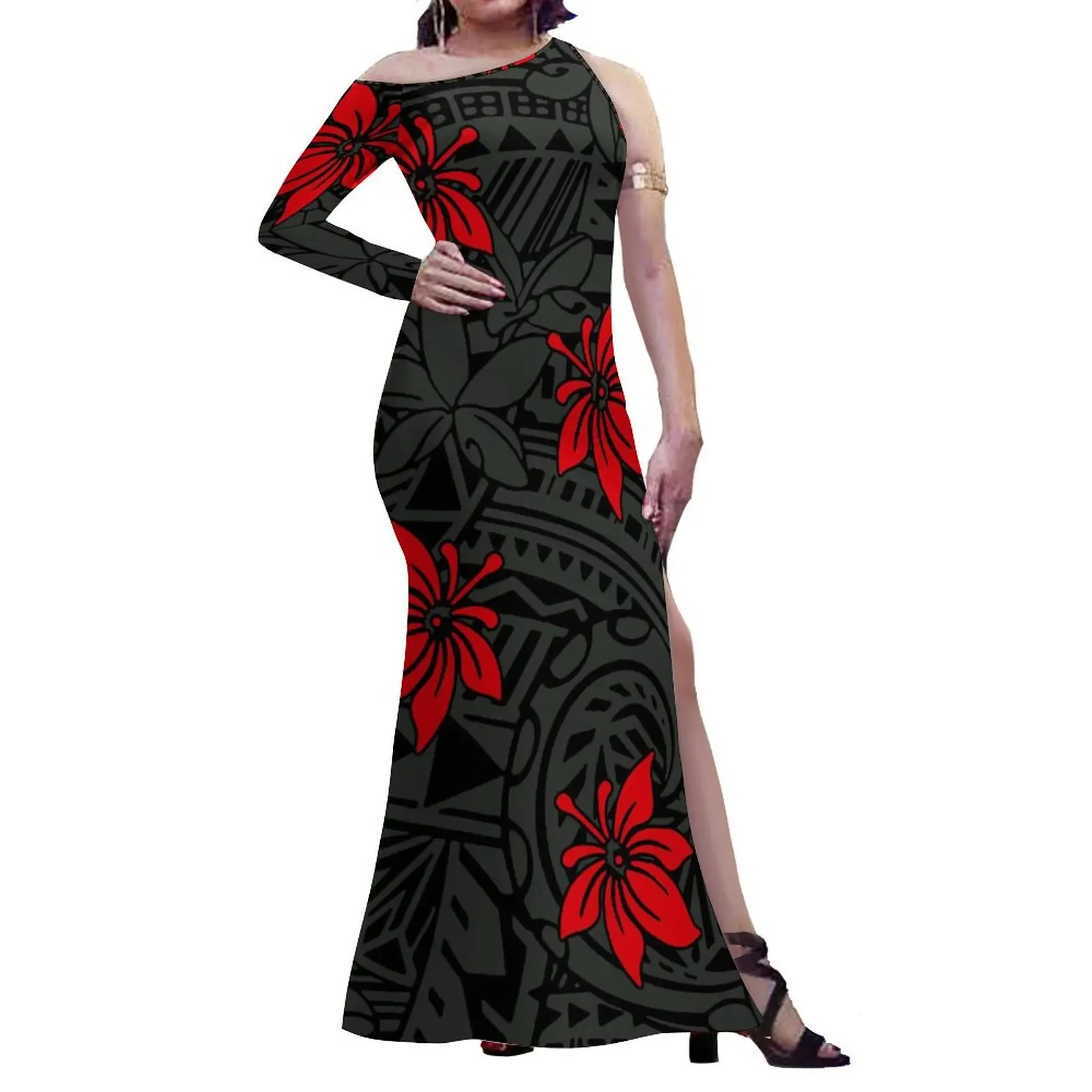 

Polynesian New Floor Length Dress Sexy Half Sleeve High Slit Long Skirt Samoan Tribal Clothes Customized Hawaii Style Prints