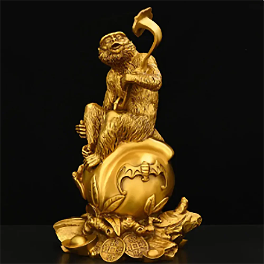 

Chinese Pure Copper Ruyi Gold Monkey Ornaments Zodiac Blessing Life Home Living Room Attract Wealth Fengshui Decor