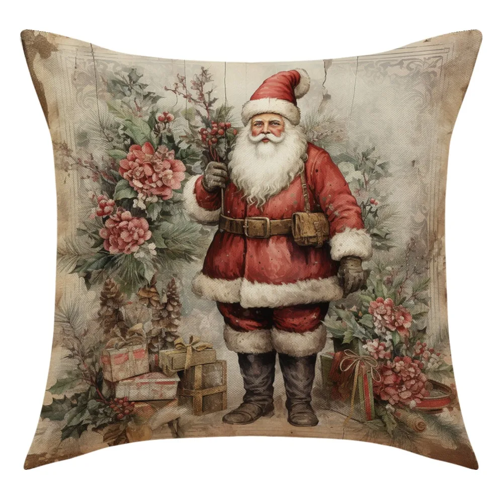 

Decorate Retro Christmas Pillowcase Durable Easy To Clean Retro Snowman Deer Pillow Cover Flax Bedside Pillowcase